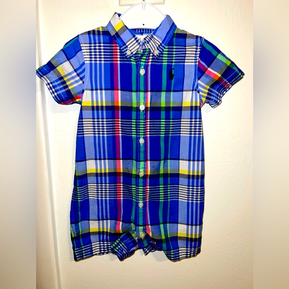 Ralph Lauren boys blue plaid shorts romper, size 9 months
